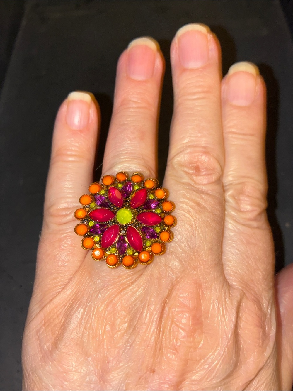 Colorful Floral Statement Stretch Ring in Orange, Pink & Lime by